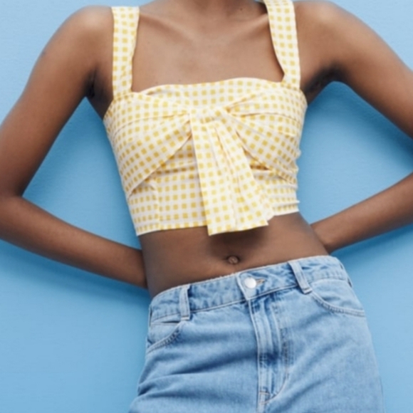 Zara Tops - NWT Zara yellow gingham crop top with front bow